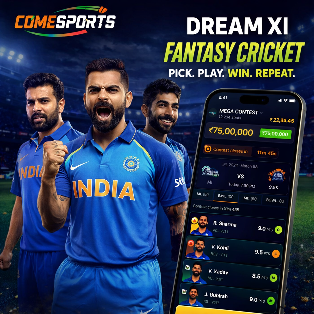 Come Fantasy Club fantasy cricket and India team visual